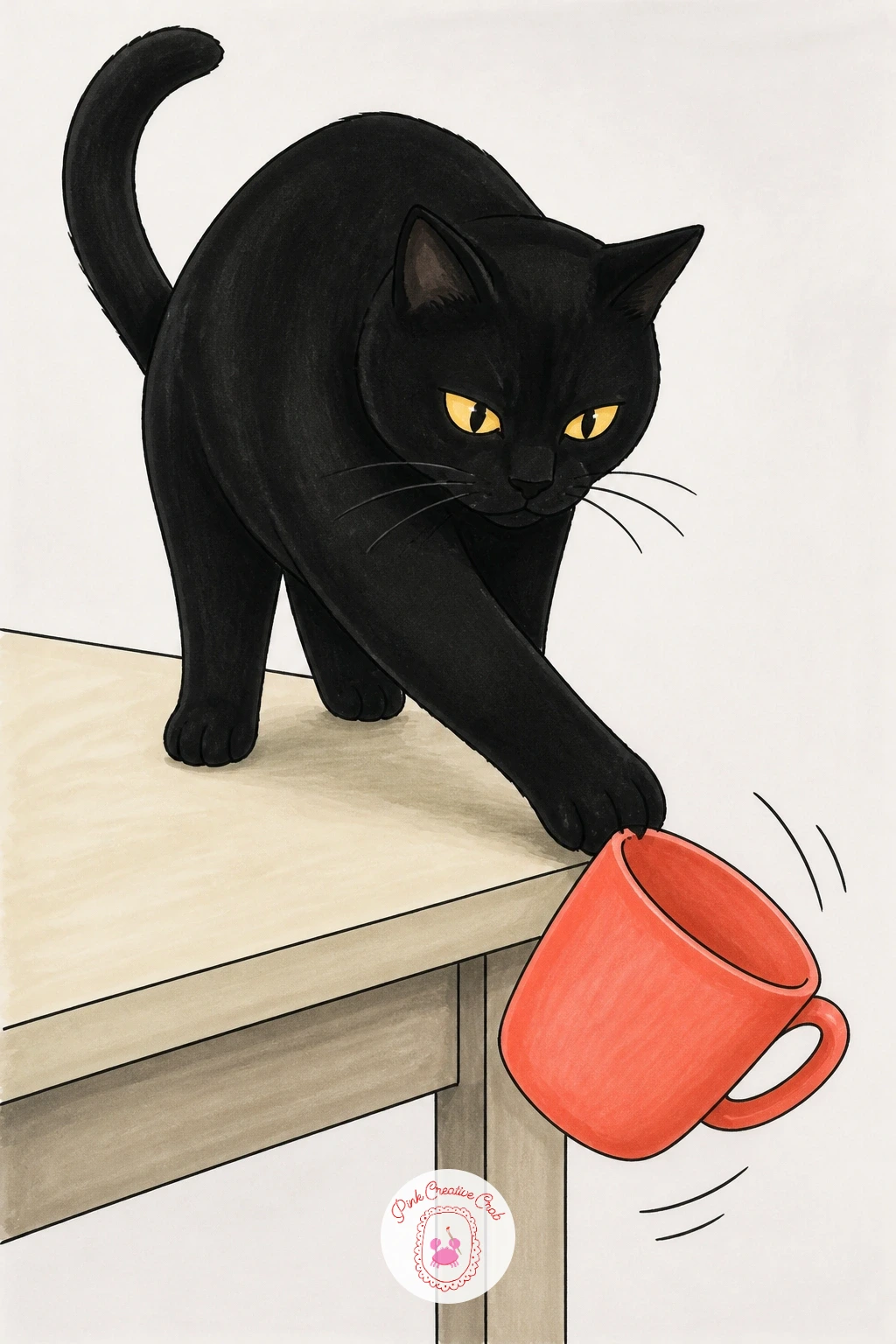 Cat Pushing a Cup off the Table — Nothing says cat quite like a paw mid shove, so build this drawing around that single gesture. Black cat drawing