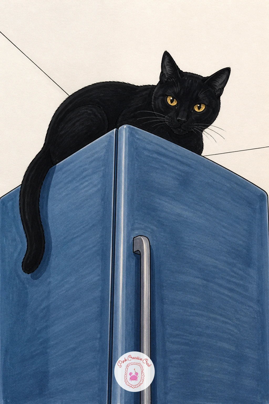 Cat on Top of the Fridge — This scene asks for a clear sense of height, so set your eye level low, as if you are standing in the kitchen looking up. Black cat