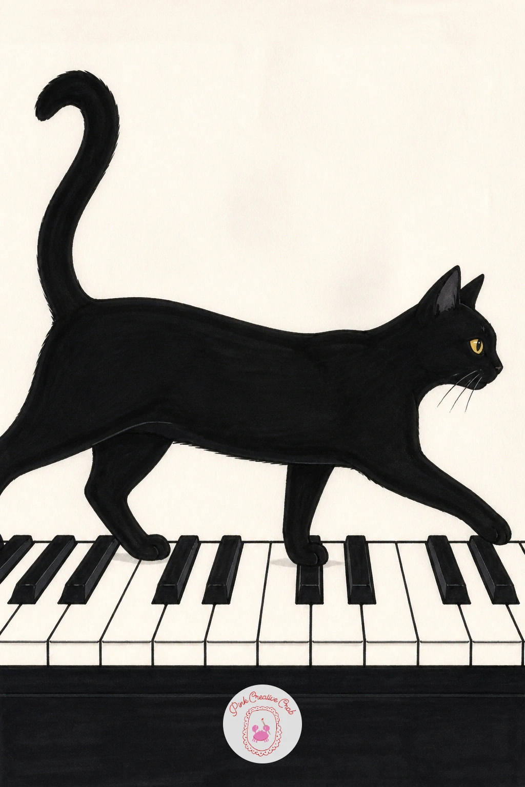 Cat Walking on the Piano — Piano keys give this drawing a strong geometric backbone, so draw the keyboard first as a long rectangle divided into even black and