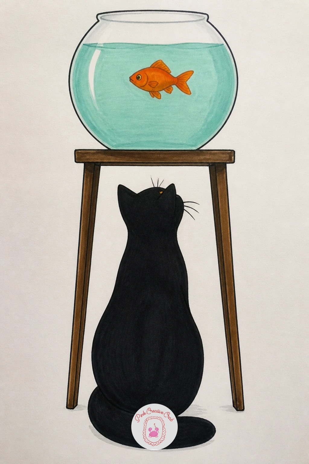 Cat Staring at a Fishbowl — Give this scene real tension by focusing on where the cat's eyes point rather than on the fishbowl's details. Black cat drawing