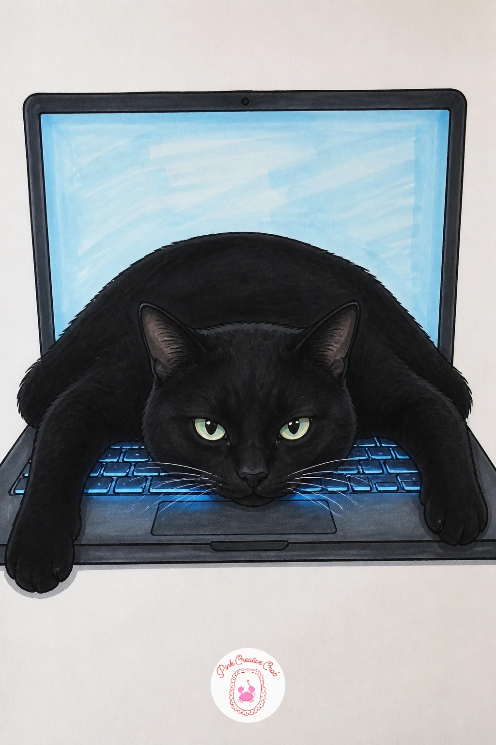 Cat on a Laptop Keyboard — Every cat owner knows this exact scene, so lean into the flattened, spread out pose that only happens on a warm keyboard. Black cat