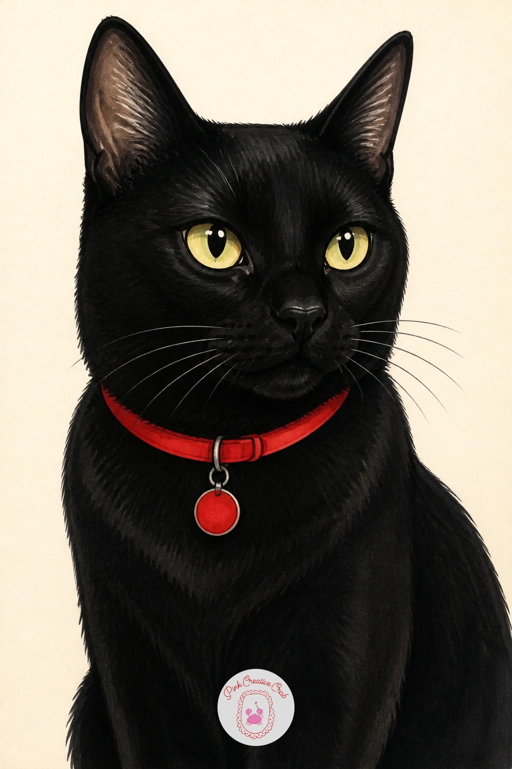 Cat in a Cherry Red Collar — This one is less about a scene and more about a single confident portrait, so give the cat a bit more presence on the page than