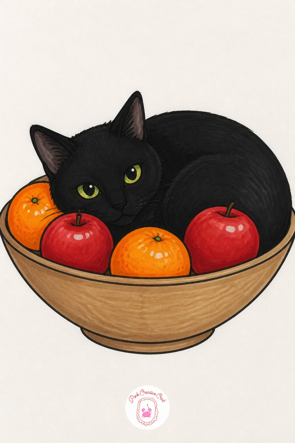 Cat in the Fruit Bowl — This one pairs nicely with the butter heist earlier, since it is another kitchen scene built around a bowl of objects. Black cat drawing
