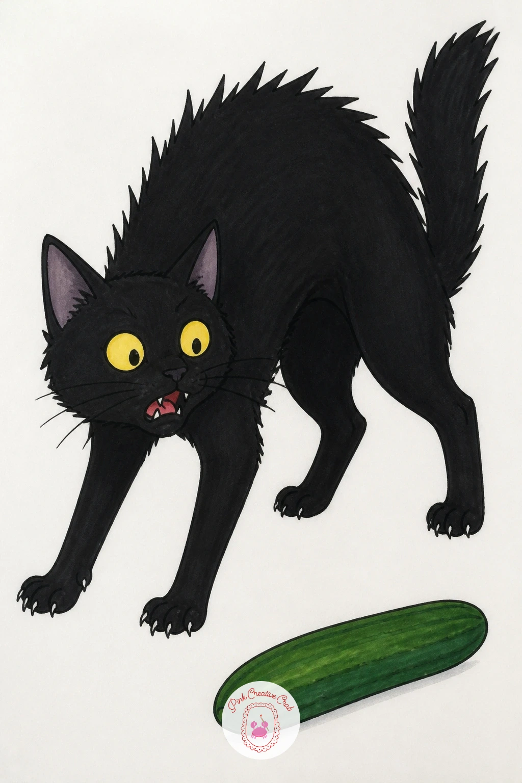 Cat Scared of a Cucumber — This classic internet moment translates well to paper if you focus on the cat's body language rather than her face. Black cat drawing