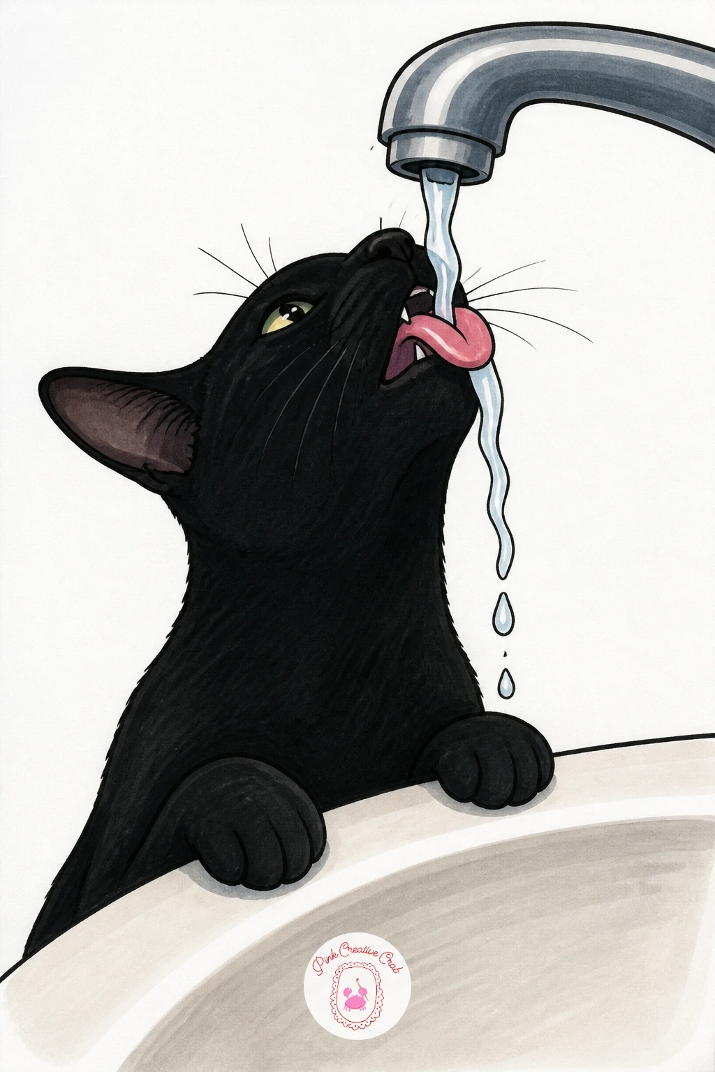 Cat Drinking from the Tap — This is a favorite cat habit worth capturing in motion rather than stillness. Black cat drawing
