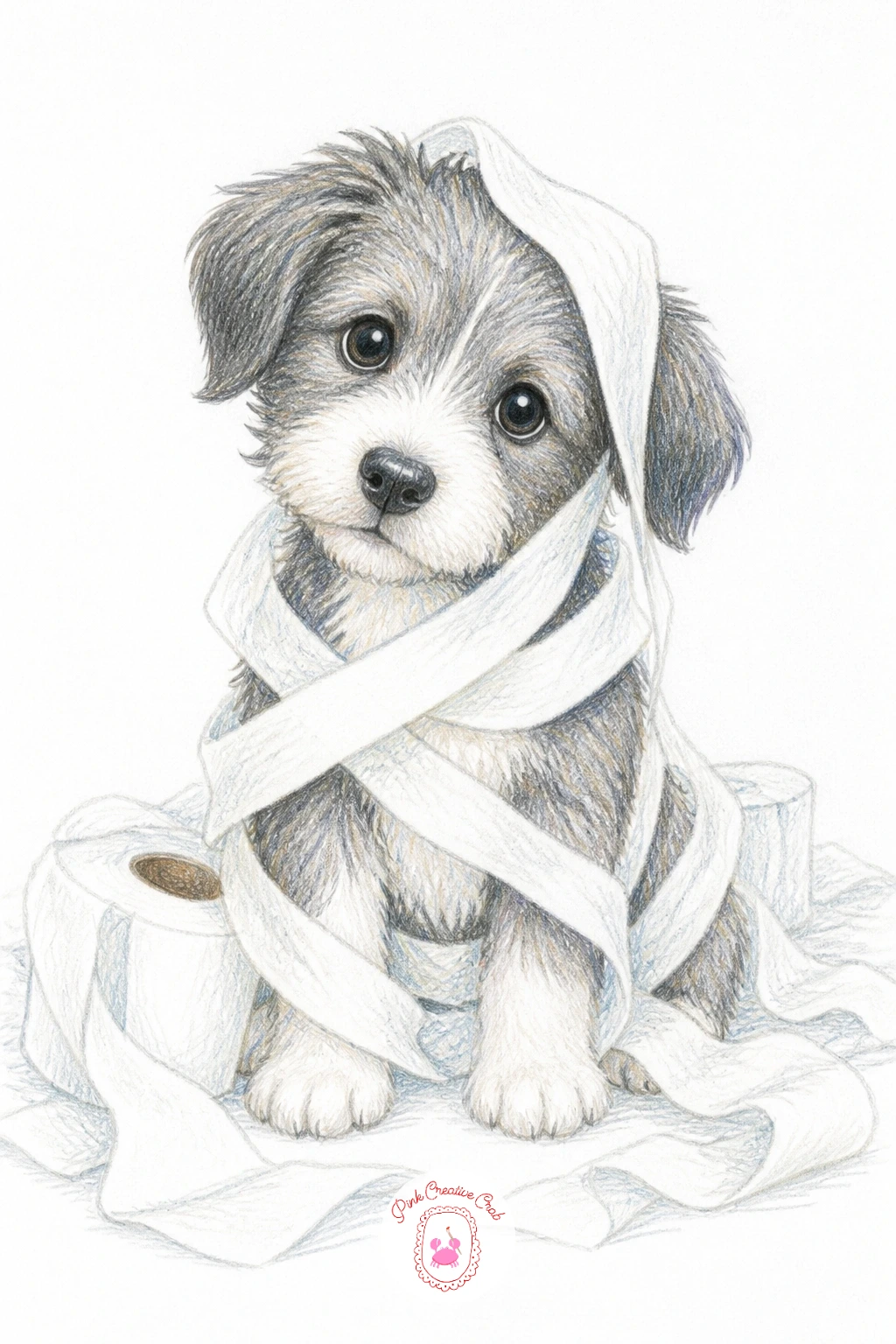 Puppy Tangled in Toilet Paper — Move from a chewed slipper to a full unraveling: a puppy tangled in toilet paper, wrapped loosely around its legs and trailing