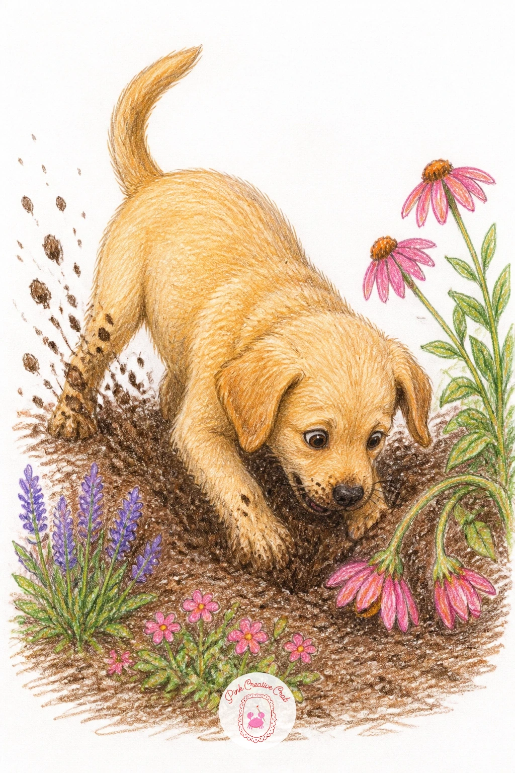 Puppy Digging in a Flower Bed — Give the chaos a garden setting: a puppy digging in a flower bed, front paws deep in soil and a shower of dirt flying behind