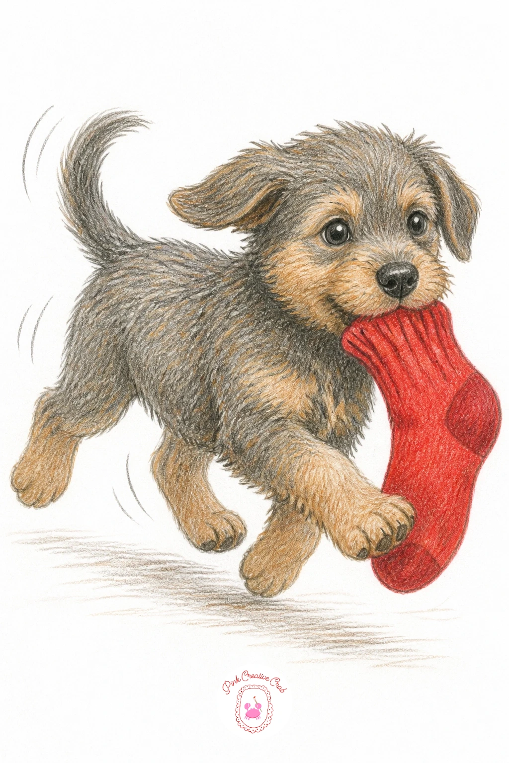 Puppy Stealing a Sock — Keep the mischief going with a puppy stealing a sock, trotting across the page with it hanging proudly from its mouth. Puppy drawing