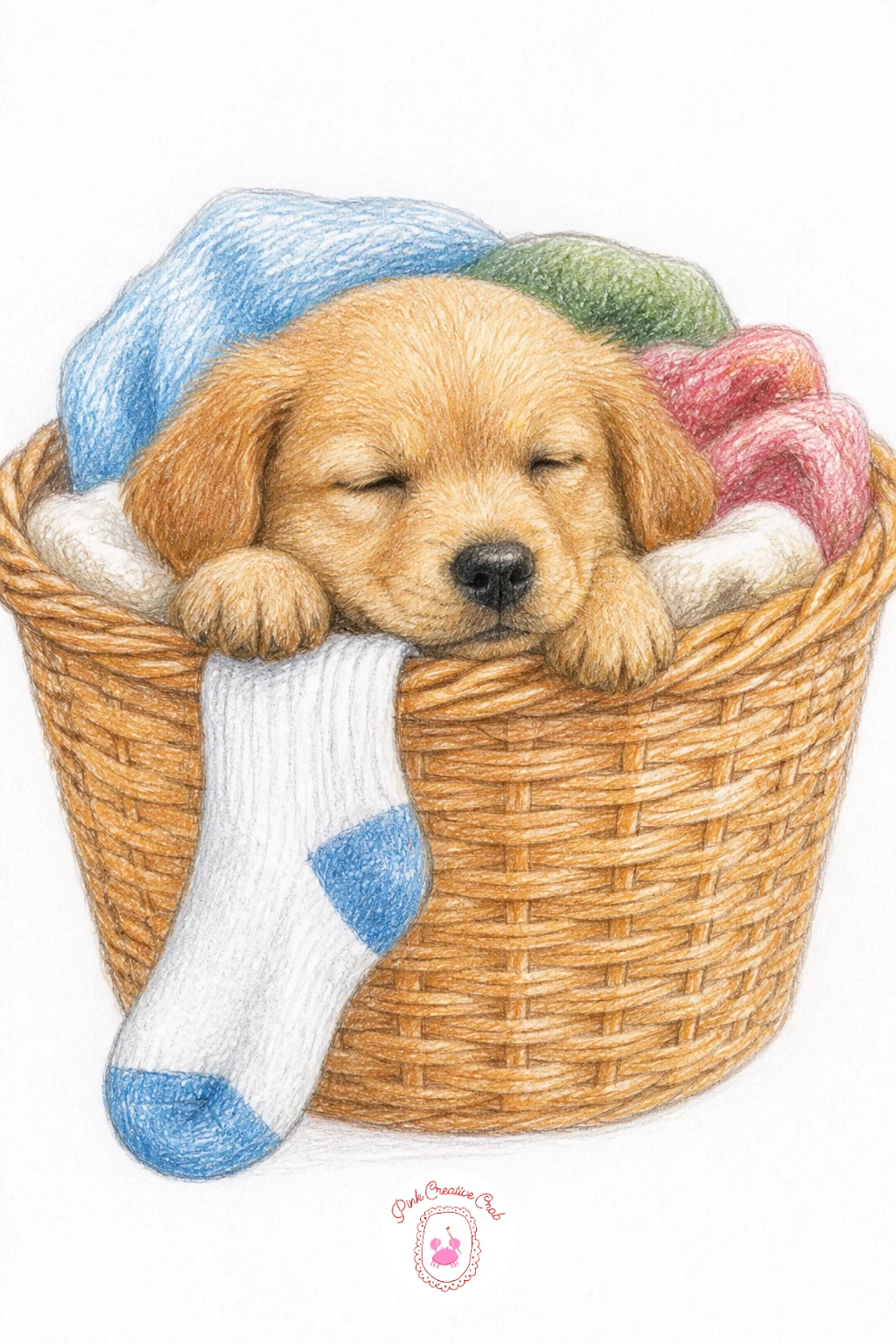 Puppy in a Laundry Basket — Settle the energy for a moment with a puppy in a laundry basket, paws draped over the woven rim and a sock or towel spilling out