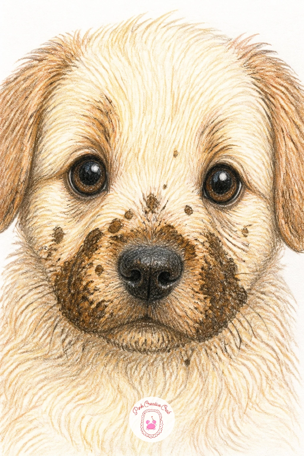 Puppy With a Muddy Face — Shift to a close-up moment: a puppy with a muddy face, caught looking up with big eyes and a splattered nose after an adventure