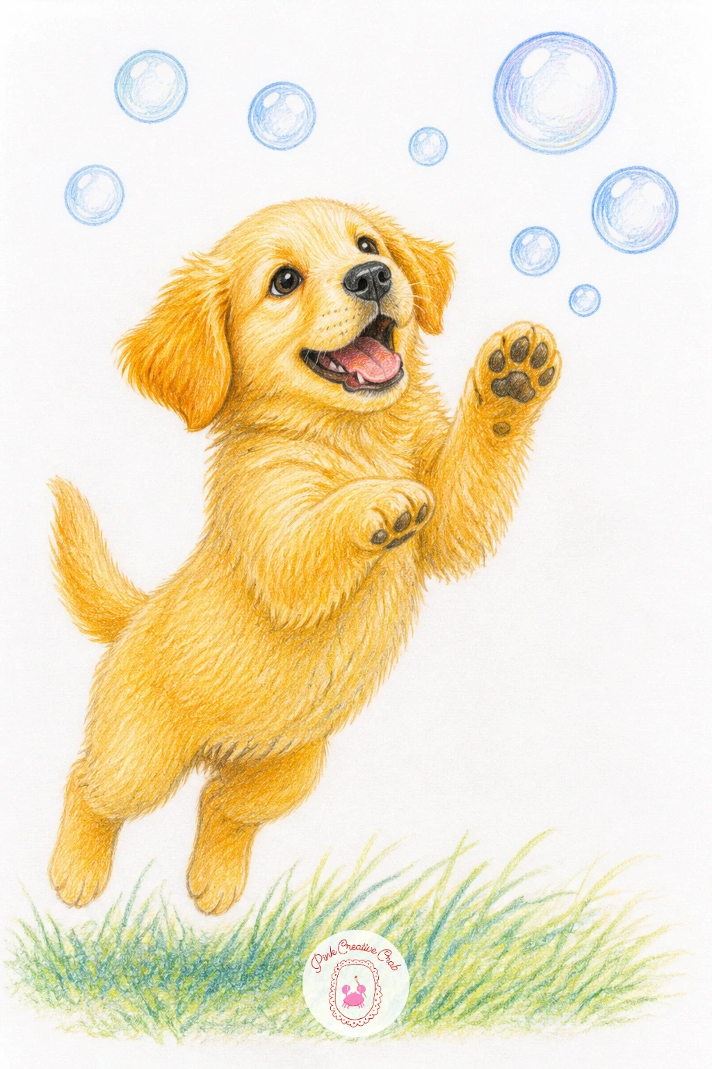 Puppy Chasing Bubbles — Lighten the mood with a puppy chasing bubbles, leaping up with both front paws off the ground toward a cluster of floating circles.