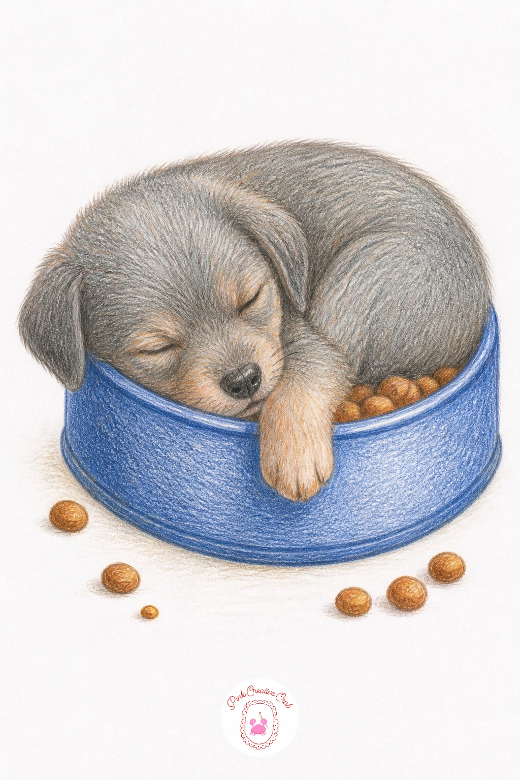 Puppy Asleep in Its Food Bowl — Slow the pace with a quieter idea: a puppy asleep in its food bowl, curled impossibly small with one paw hanging over the rim.