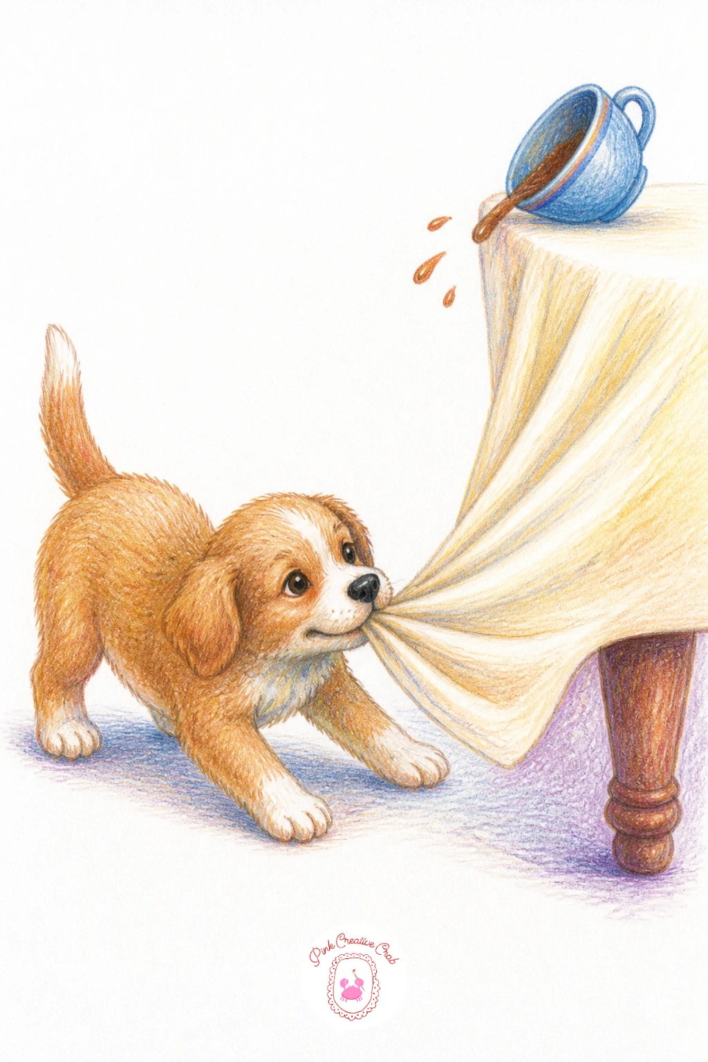 Puppy Pulling a Tablecloth — Build up the energy again with a puppy pulling a tablecloth, braced low to the ground with the fabric bunched tightly in its