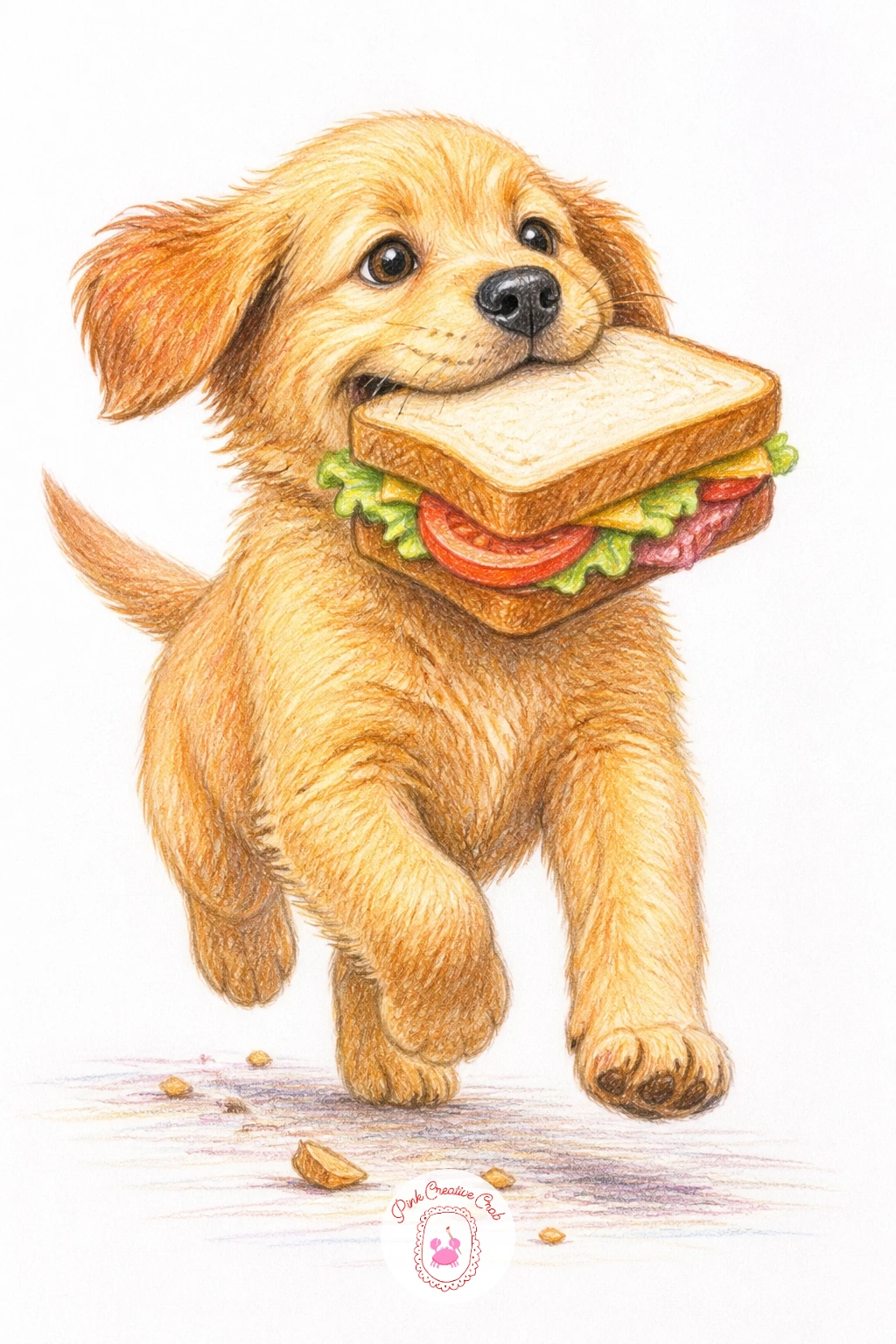 Puppy With a Stolen Sandwich — Add a food-themed moment with a puppy with a stolen sandwich, trotting off triumphantly with a thick sandwich wedged sideways in
