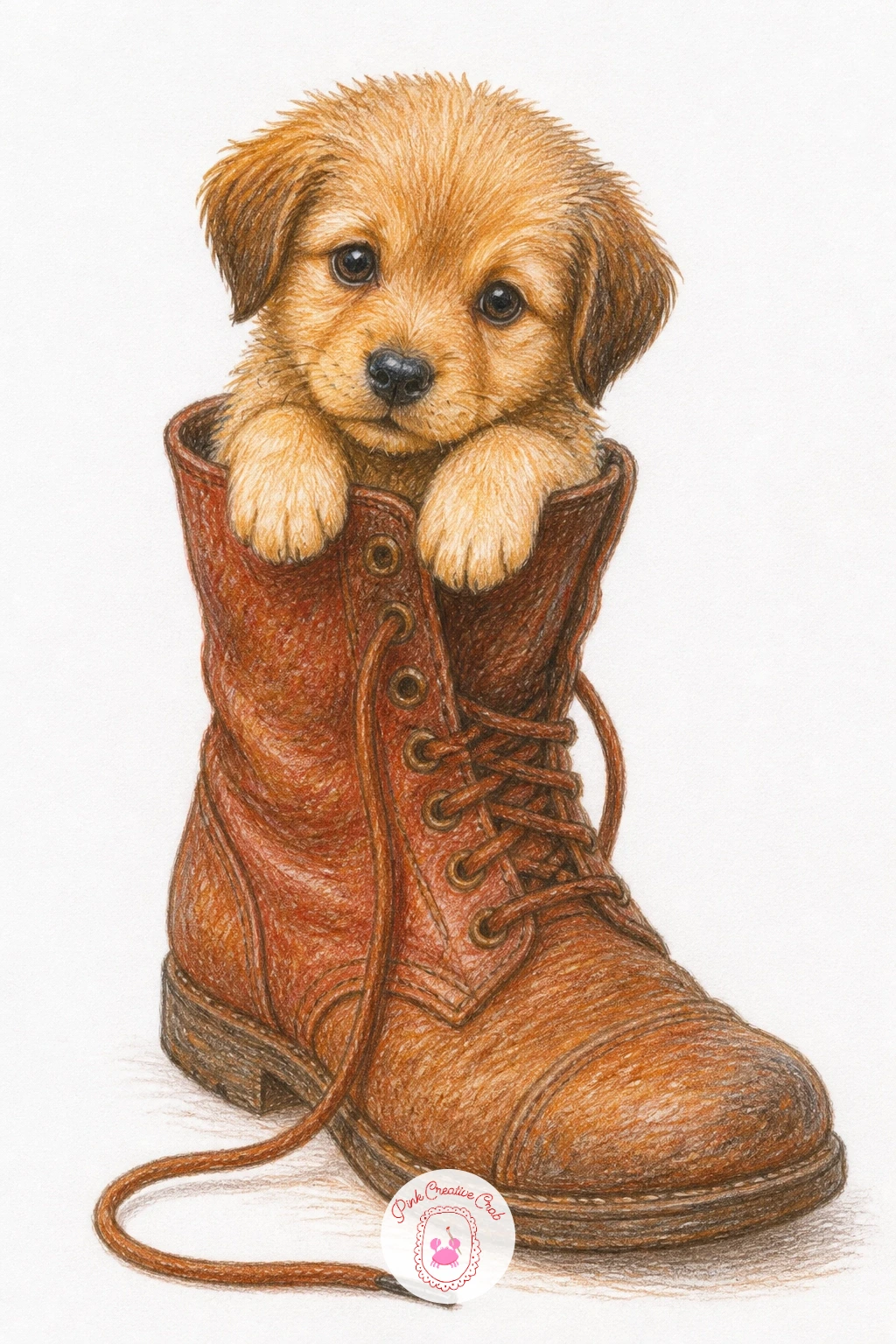 Puppy Inside a Boot — Return to something cozy with a puppy inside a boot, only its head and front paws poking out over the top while the rest stays hidden