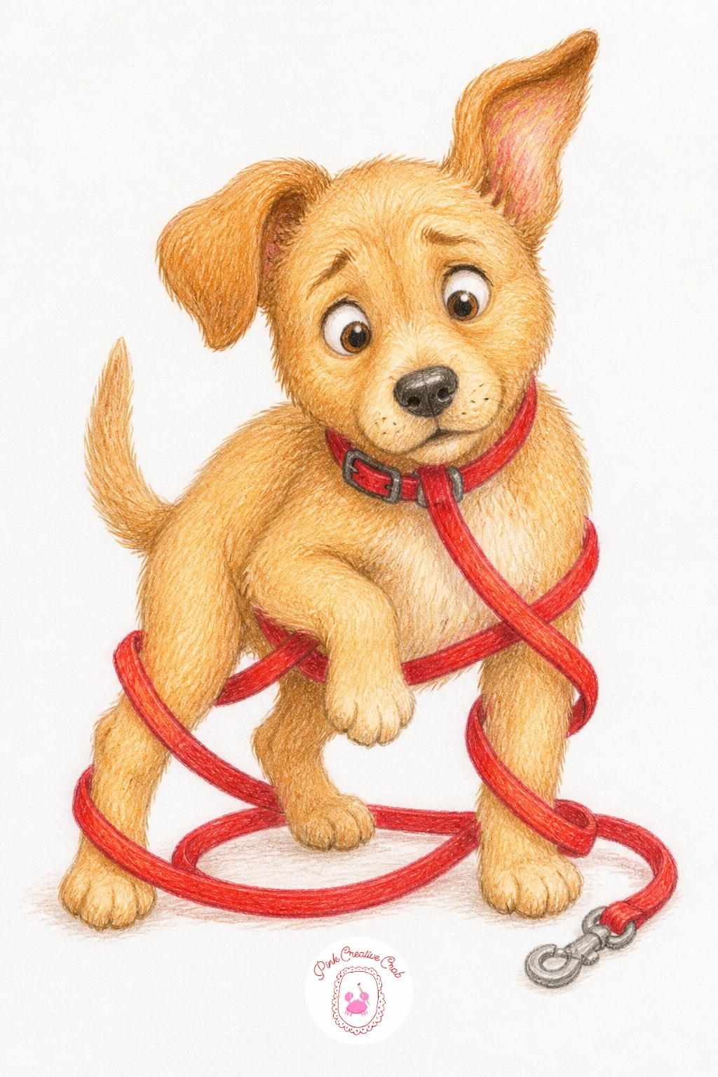 Puppy Tangled in Its Leash — Keep the comic chaos going with a puppy tangled in its leash, looped around two or three of its own legs after one too many spins.