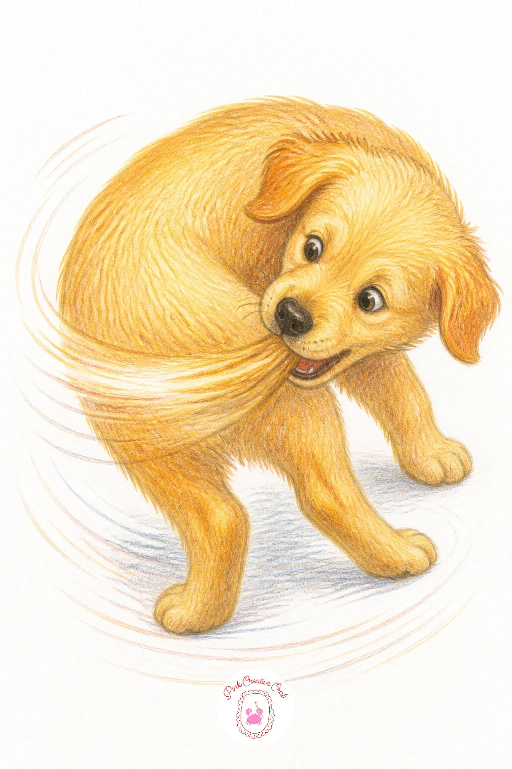 Puppy Chasing Its Tail — Capture pure motion with a puppy chasing its tail, body curved into a tight spinning circle with the head twisted back toward the
