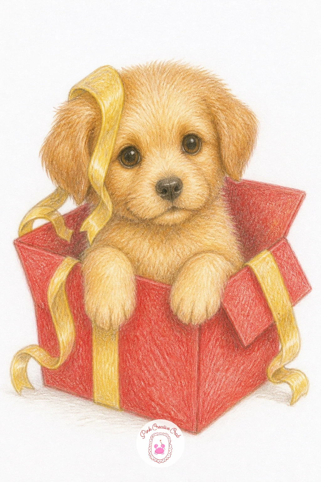 Puppy in a Gift Box — Bring in a festive note with a puppy in a gift box, sitting inside an open lid with a loose ribbon draped over one ear. Puppy drawing