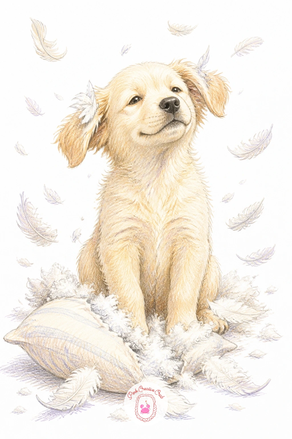 Puppy in a Pillow Feather Storm — Turn up the chaos with a puppy in a pillow feather storm, sitting in the middle of a torn pillow with feathers drifting