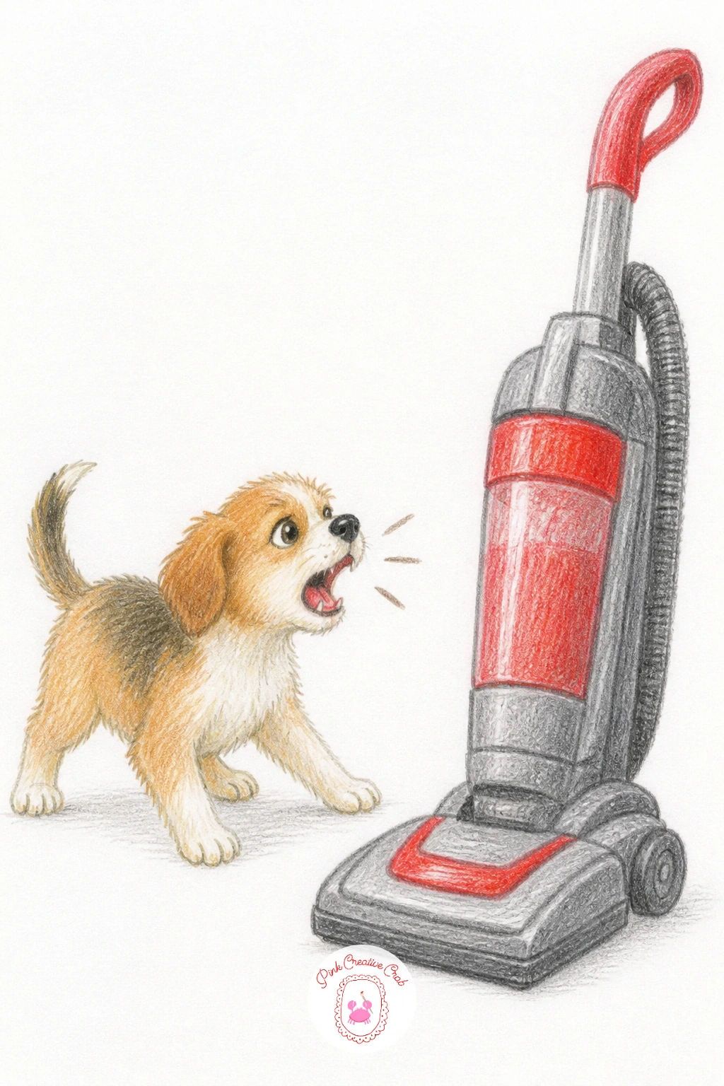 Puppy Barking at the Vacuum — Build drama with a puppy barking at the vacuum, front legs braced wide and mouth open mid-bark at the looming machine beside it.