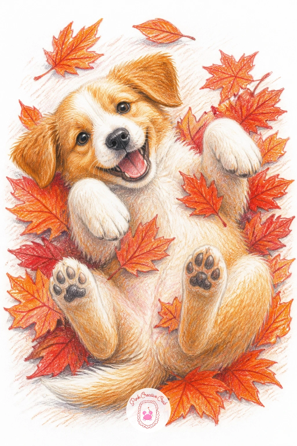 Puppy Rolling in Leaves — Take the scene outdoors again with a puppy rolling in leaves, body twisted on its back with paws in the air and a scatter of fallen
