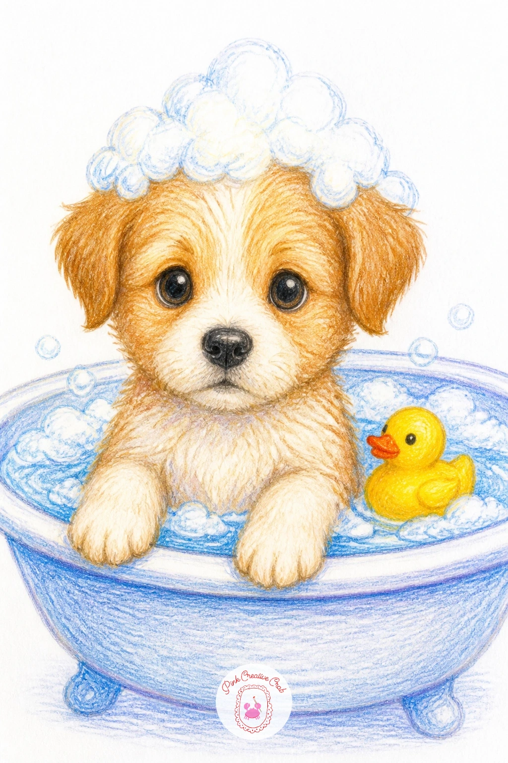 Puppy at Its First Bath — Soften the mood with a puppy at its first bath, standing damp and wide-eyed in a tub with soap suds piled on its head like a little