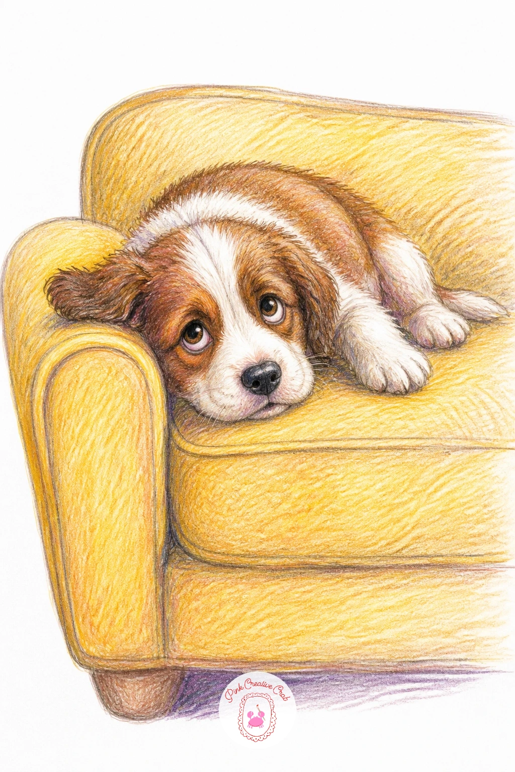 Puppy on the Forbidden Sofa — Capture a classic household moment with a puppy on the forbidden sofa, sprawled comfortably across the cushions with a guilty but