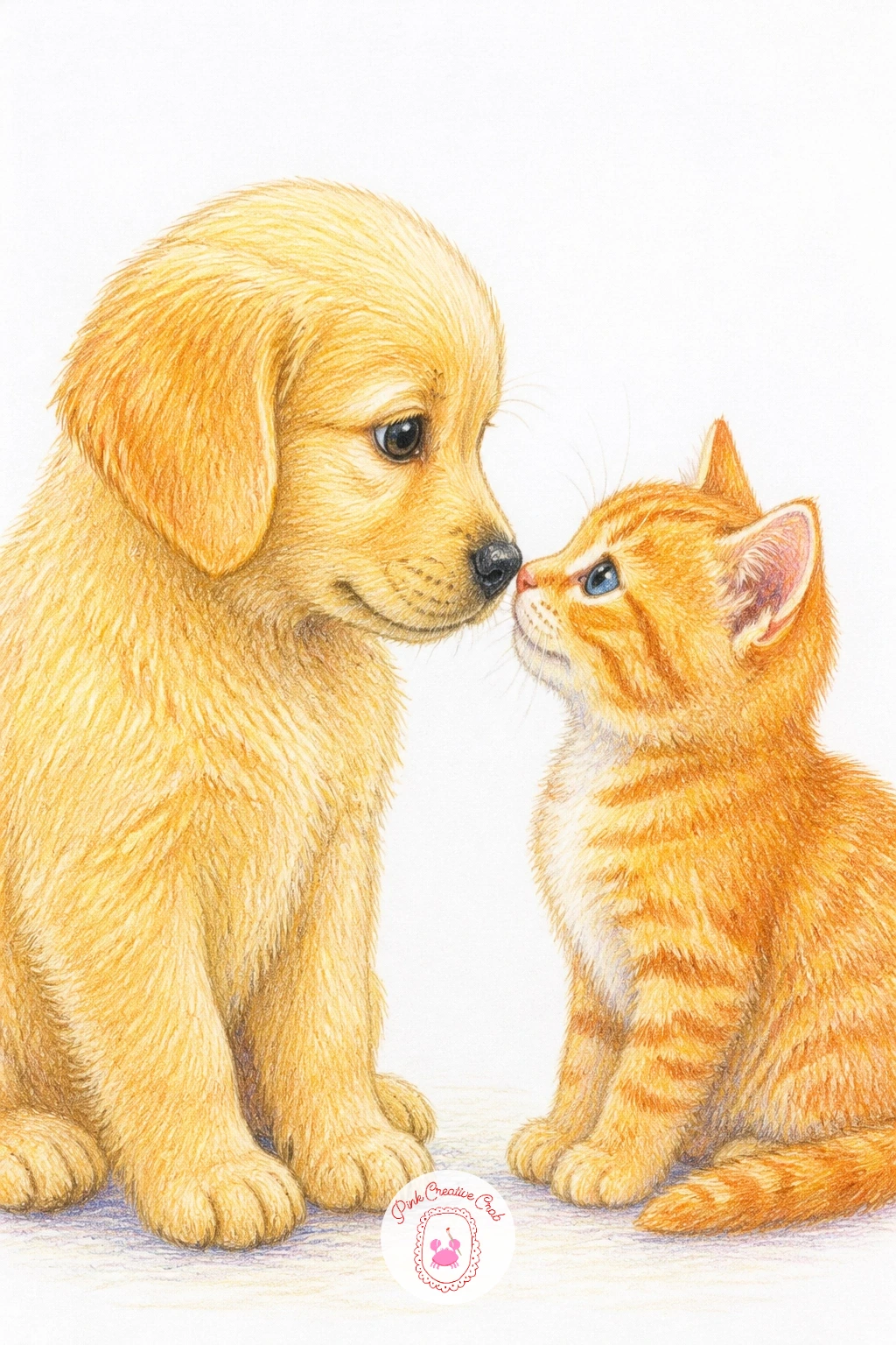 Puppy and a Kitten Face to Face — Bring in a second character with a puppy and a kitten face to face, noses nearly touching in a careful first meeting. Puppy