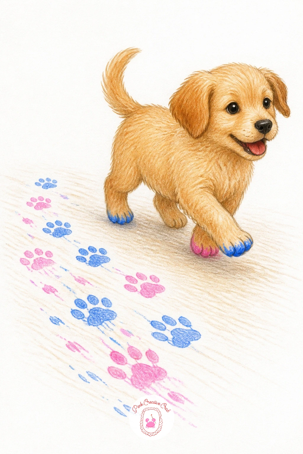 Puppy Leaving Painted Paw Prints — Add a playful art-within-art moment with a puppy leaving painted paw prints, trotting across the page with a trail of