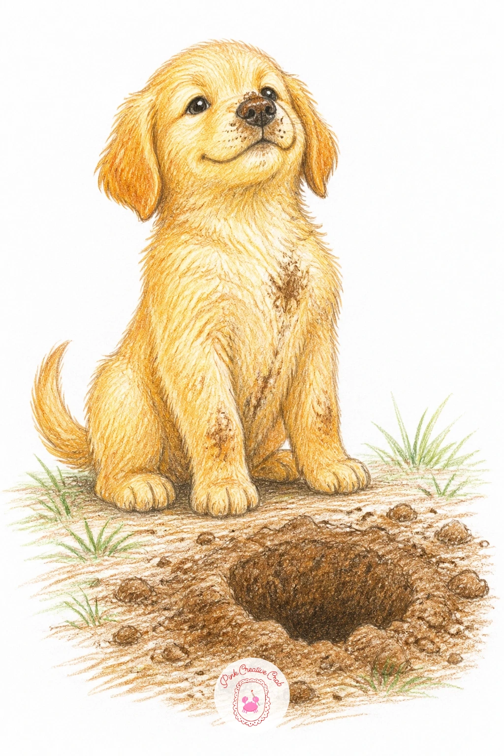 Puppy Proud Beside a Dug Hole — Revisit the garden with a different mood: a puppy proud beside a dug hole, sitting upright with chest out and dirt smeared