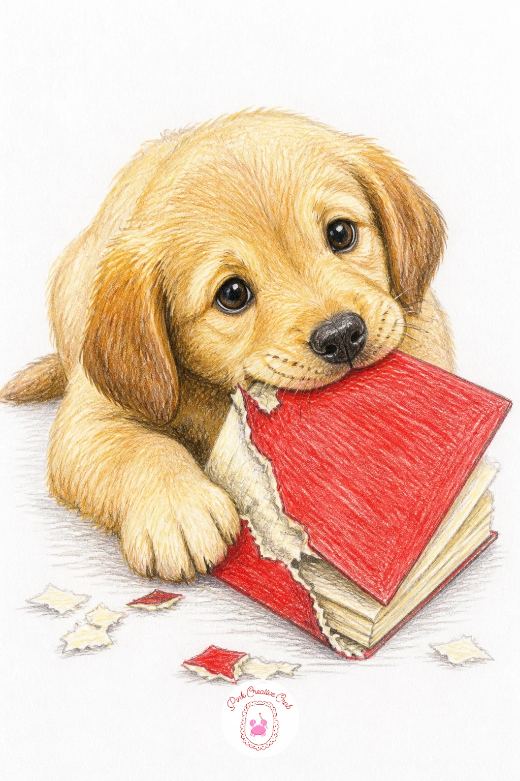 Puppy Chewing a Book — Bring the mischief indoors again with a puppy chewing a book, pages bent and corners already damp as it gnaws contentedly on the cover.