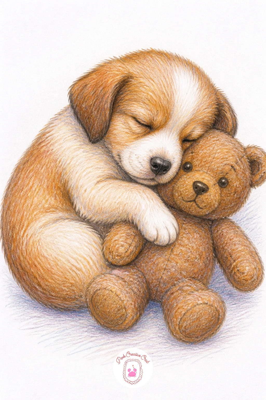Puppy Asleep on a Teddy — Close the quieter moments with a puppy asleep on a teddy, curled up small with its head resting on a soft stuffed bear almost as big