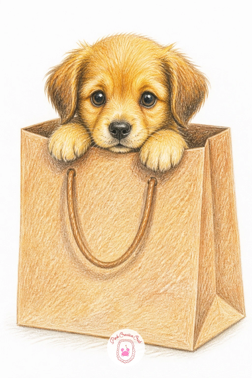Puppy Peeking From a Shopping Bag — Finish the list with a cheerful note: a puppy peeking from a shopping bag, just the head and two front paws visible over