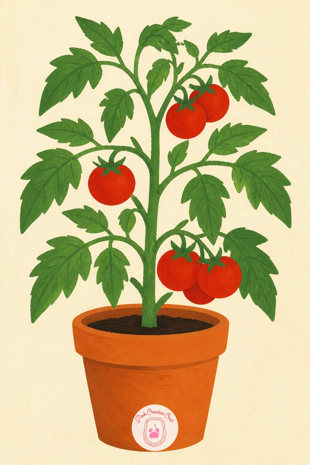 Tomato Vine in a Terracotta Pot — Move from the bowl to the plant itself with a tomato vine in a terracotta pot, planted centrally so the whole page reads as
