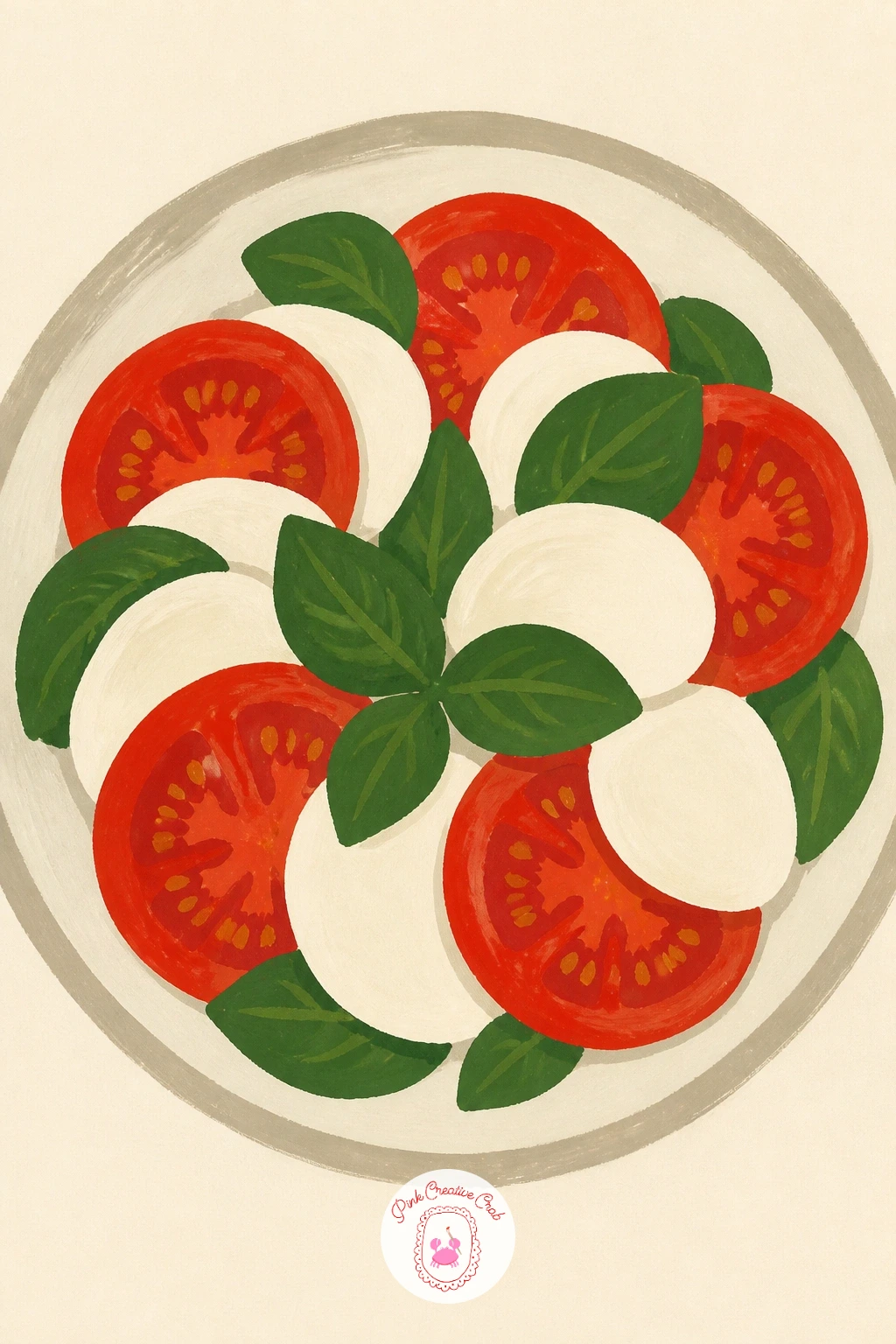 Caprese Salad From Above — Shift the eye level for a caprese salad seen from directly above, a bird's eye view that turns tomato slices, mozzarella rounds and