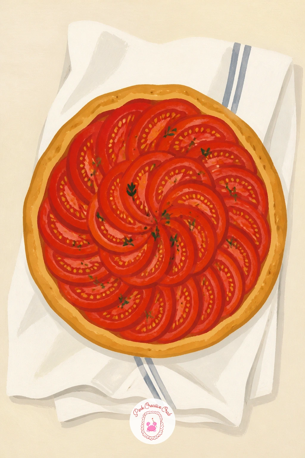 Tomato Tart on a Linen Cloth — Bring in a table surface with a tomato tart on a linen cloth, where the texture trick is all about the crust edge and the folded