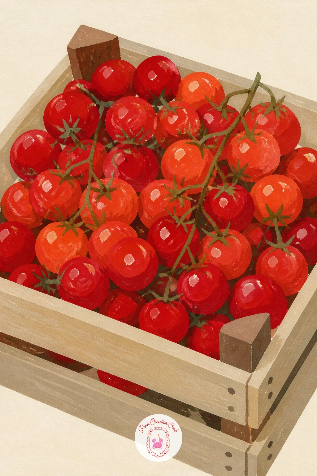 Market Crate of Cherry Tomatoes — Head to the market for a crate of cherry tomatoes, stacked in loose clusters that spill slightly over the wooden slats.