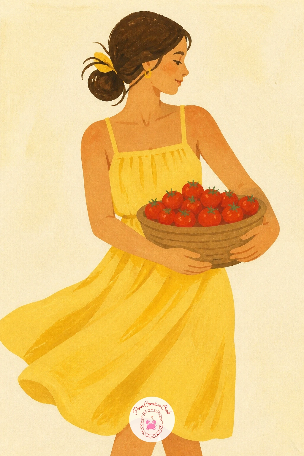 Girl in a Sundress Carrying Tomatoes — Bring a figure into the scene with a girl in a sundress carrying tomatoes, gathered in the fold of her skirt or a small