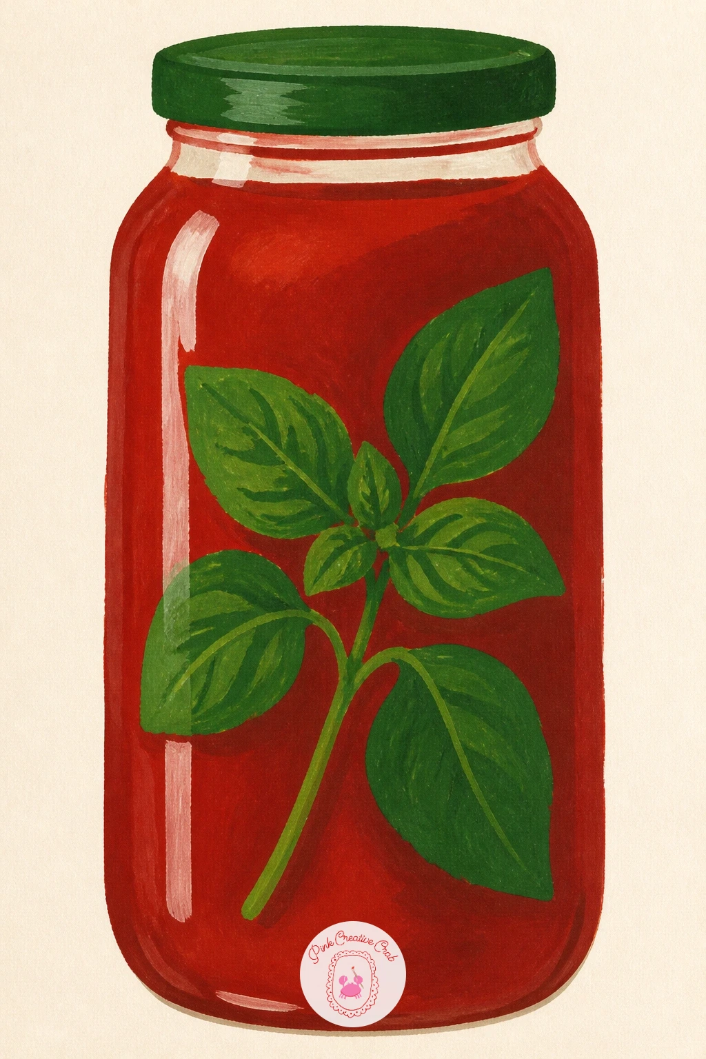 Jar of Passata With Basil — Settle into something still with a jar of passata with basil, a simple glass jar filled with deep red sauce and a basil sprig