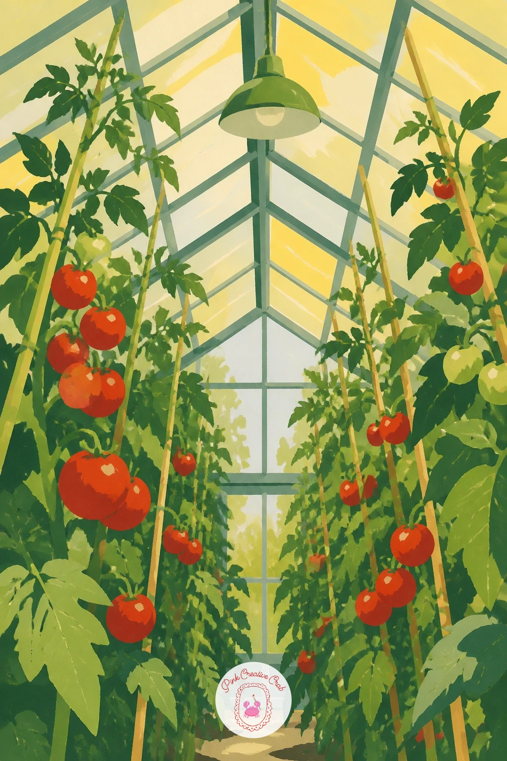 Greenhouse Full of Tomato Plants — Widen the view for a greenhouse full of tomato plants, where the eye level sits low, looking slightly upward through rows of