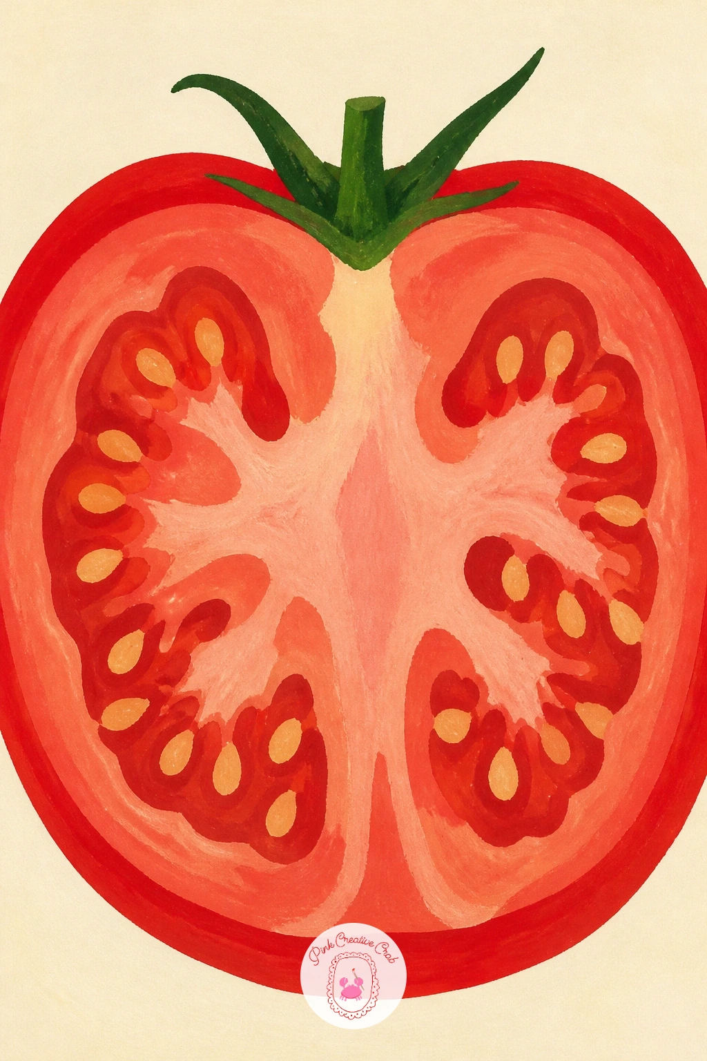 Tomato Cut in Half — Zoom right in on a tomato cut in half, a close study of the seed pattern inside that fills the whole page with just one object. Tomato
