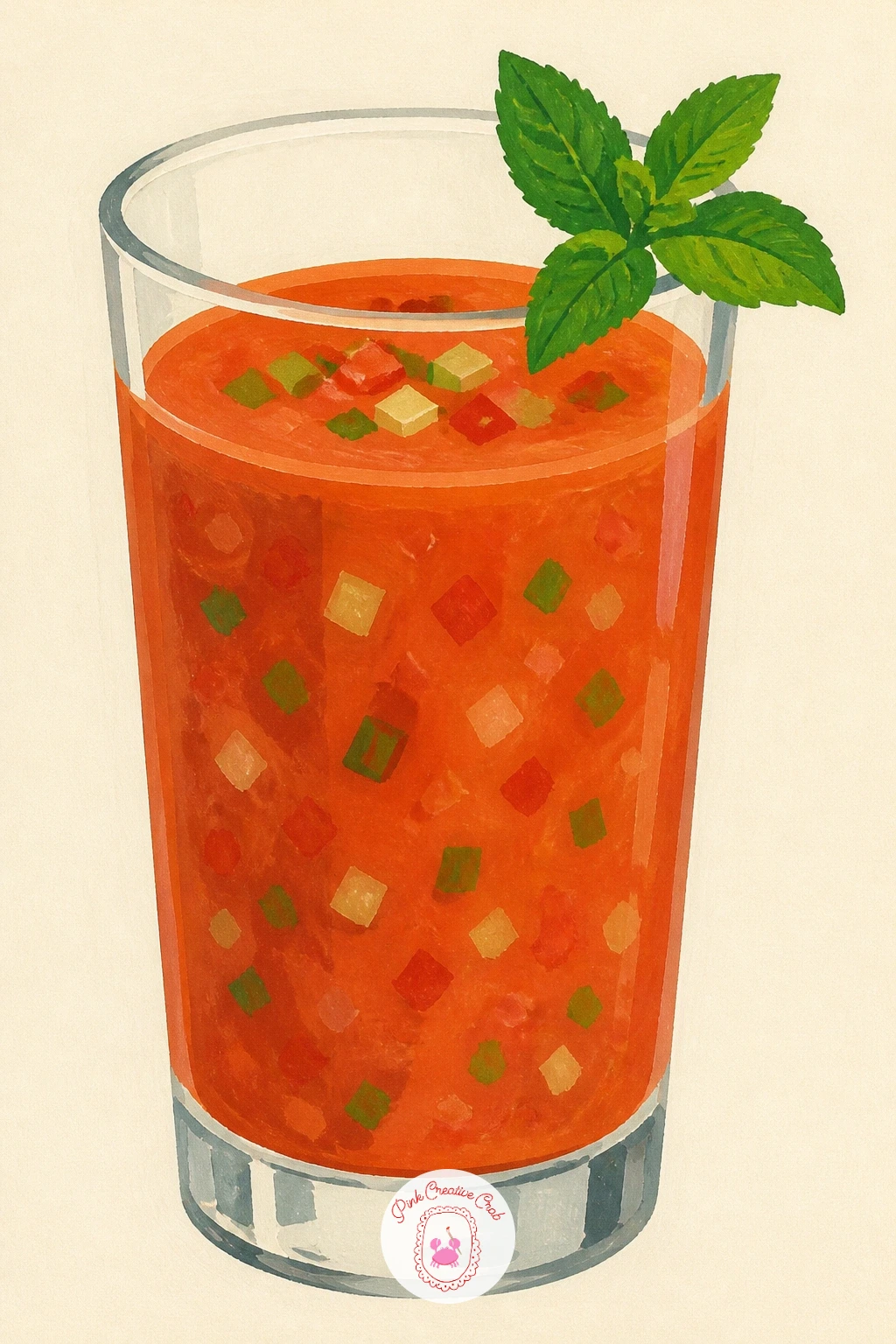 Glass of Gazpacho — Cool off with a glass of gazpacho, a tall drinking glass filled with chilled tomato soup that calls for crisp, bright edges rather than the