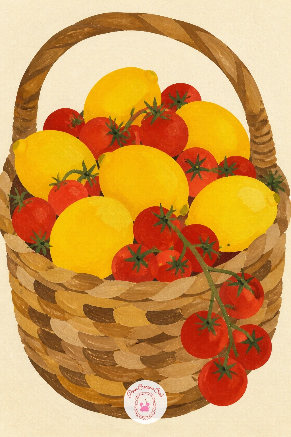 Basket of Tomatoes and Lemons — Mix warm reds with bright yellows in a basket of tomatoes and lemons, a pairing that leans hard into the butter yellow accent