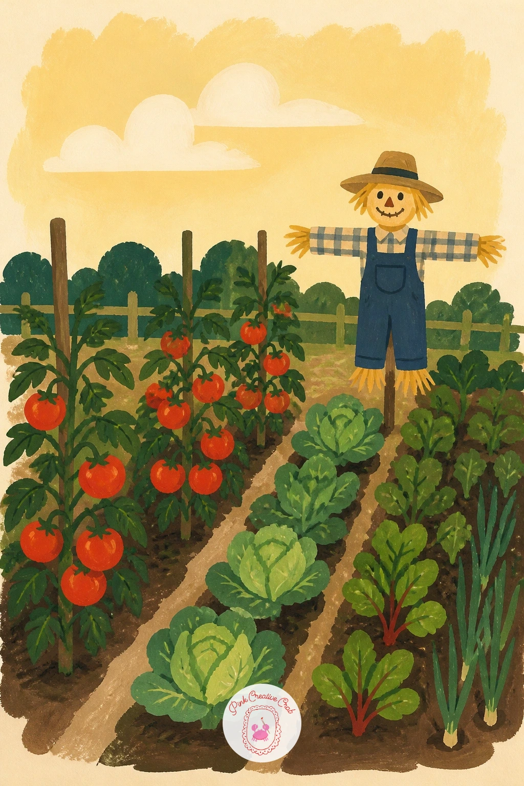 Vegetable Garden With a Scarecrow — Step back into a full vegetable garden with a scarecrow, where the tomato plants are the stars but a small figure in the