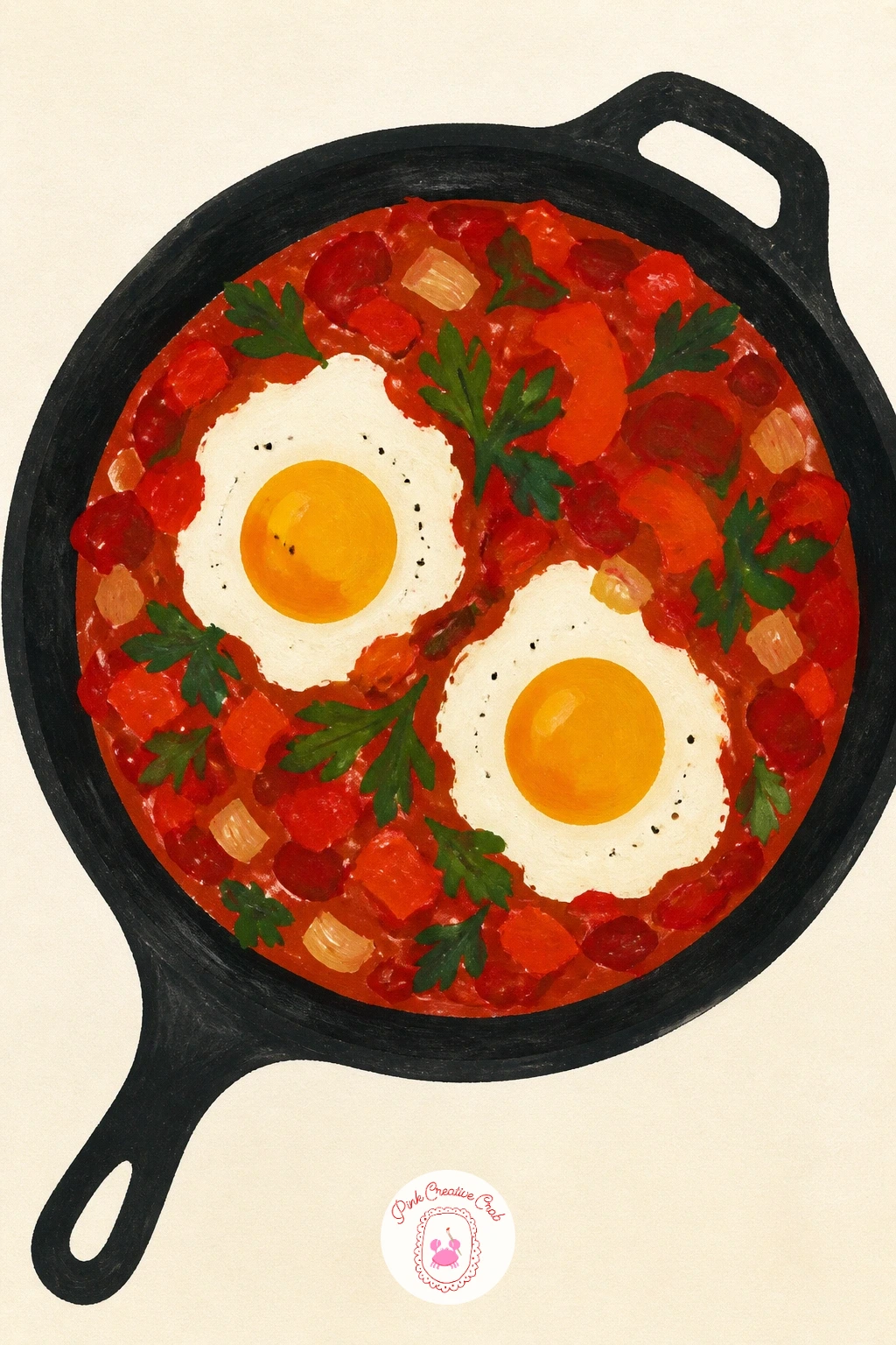 Shakshuka Pan — Bring in some sizzle with a shakshuka pan, a cast iron skillet filled with a bubbling tomato sauce dotted with eggs. Tomato drawing