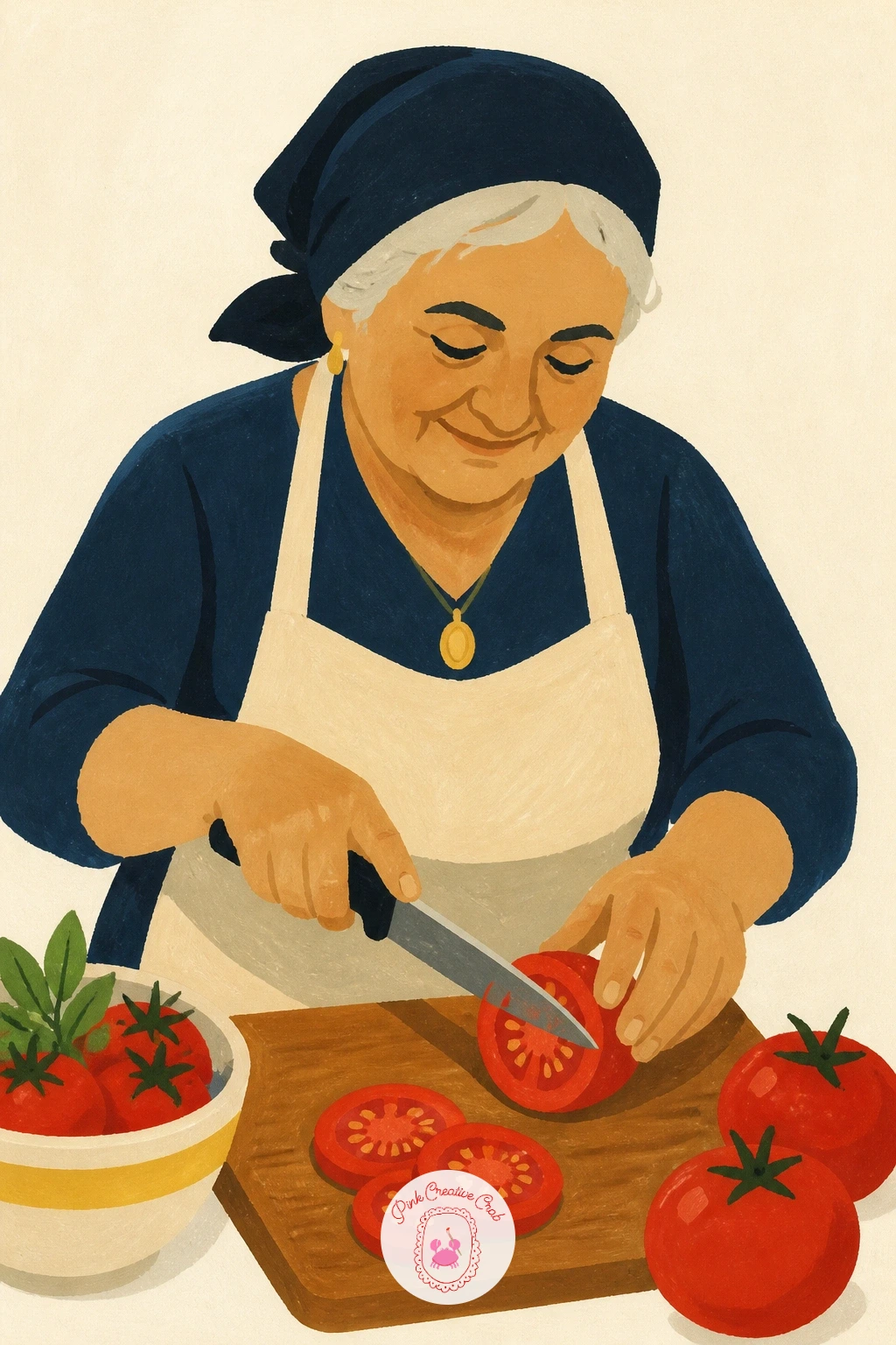 Nonna Slicing Tomatoes — Add warmth with a nonna slicing tomatoes at a wooden table, a small scene that pairs a figure with action rather than a still object.