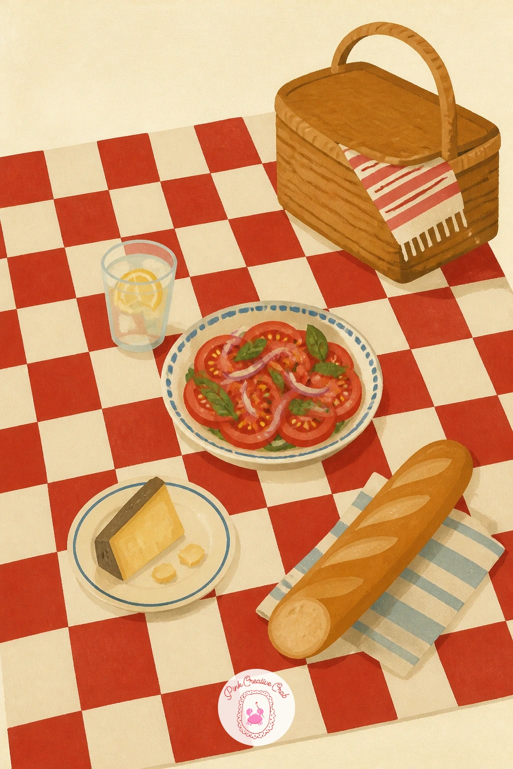 Picnic With Tomato Salad",'content':" Lay out a picnic with tomato salad, a wider scene built around a checkered blanket that gives the whole composition a