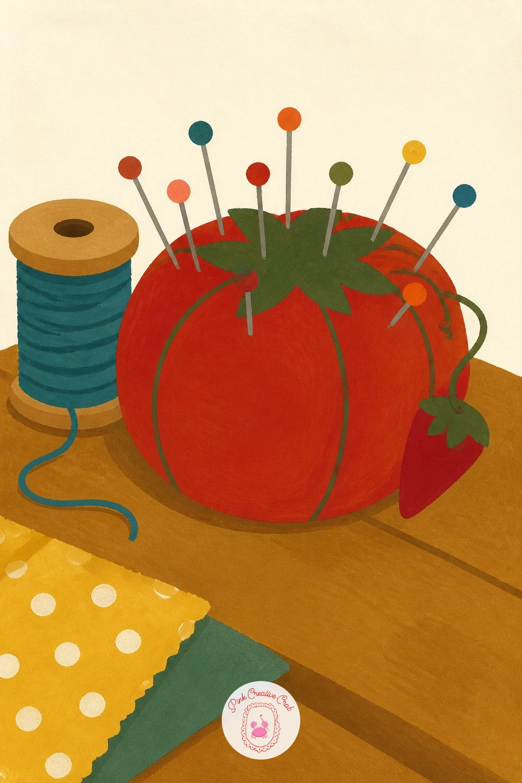 Tomato Pincushion on a Sewing Table — Take a playful detour with a tomato pincushion on a sewing table, the classic sewing room object that looks exactly like