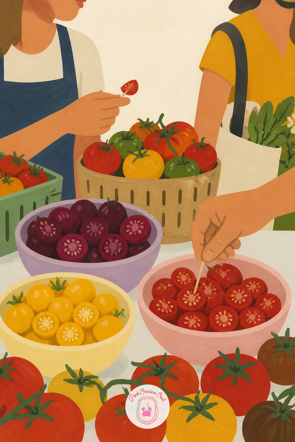 Tomato Tasting at a Farmers Market — Widen things one more time with a tomato tasting at a farmers market, a small stall scene with several varieties laid out