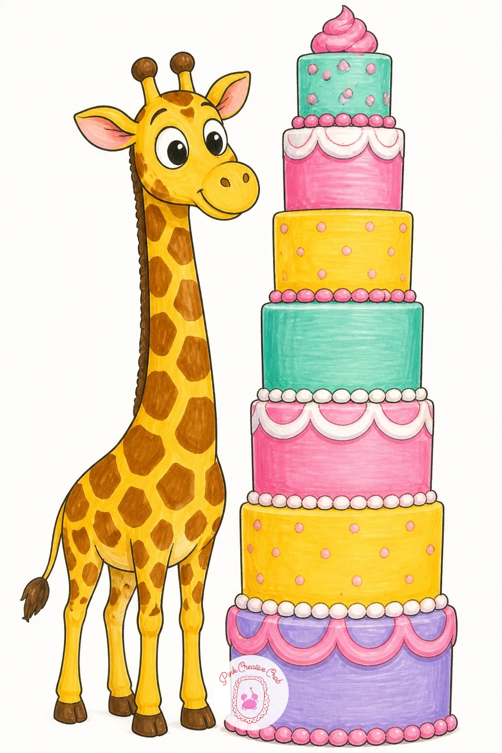 Giraffe With A Very Tall Cake — Height is the whole joke here, so before you draw anything, pencil in a light horizontal guideline near the top of the page and